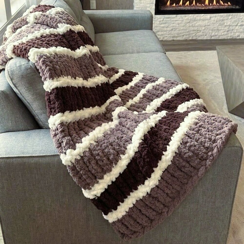 Chenille Chunky Hand Knit Blanket |  Striped Mocha, Chocolate & Cream